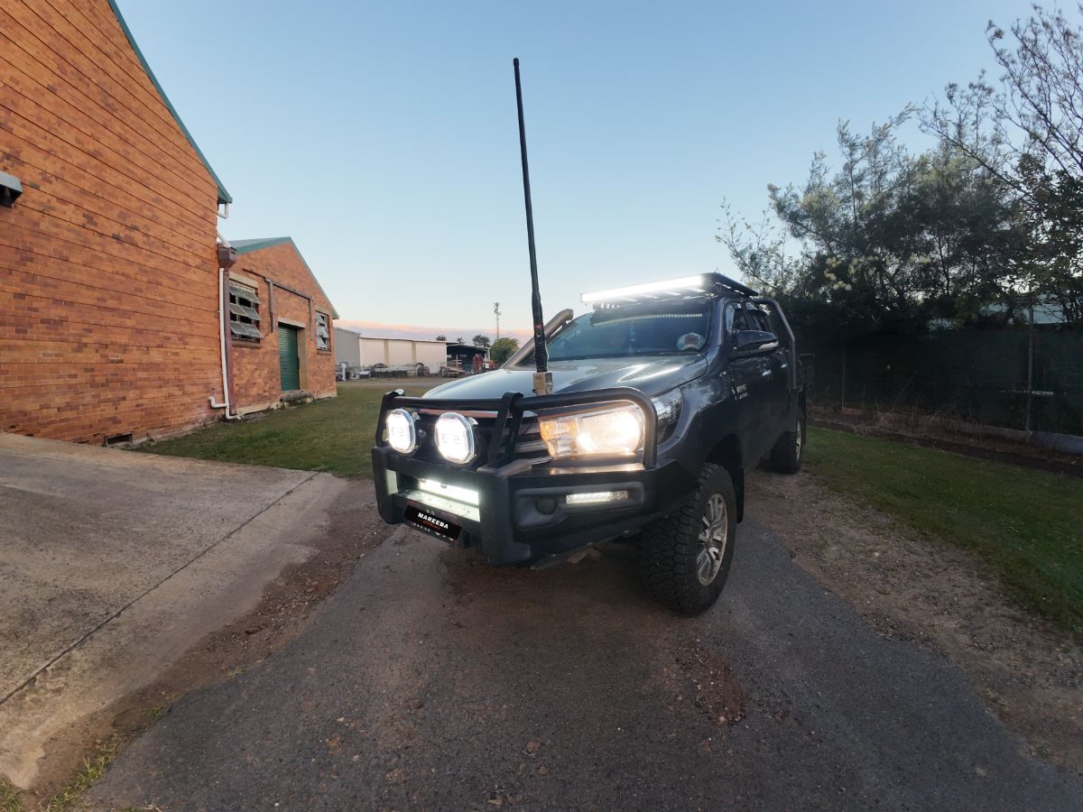Toyota Hilux with Rhino-Rack platform and light bar fitted, front angle