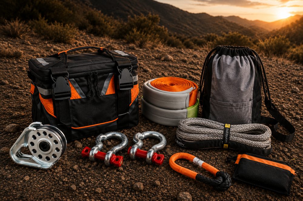Recovery gear kit - straps, shackles, snatch block, recovery rope